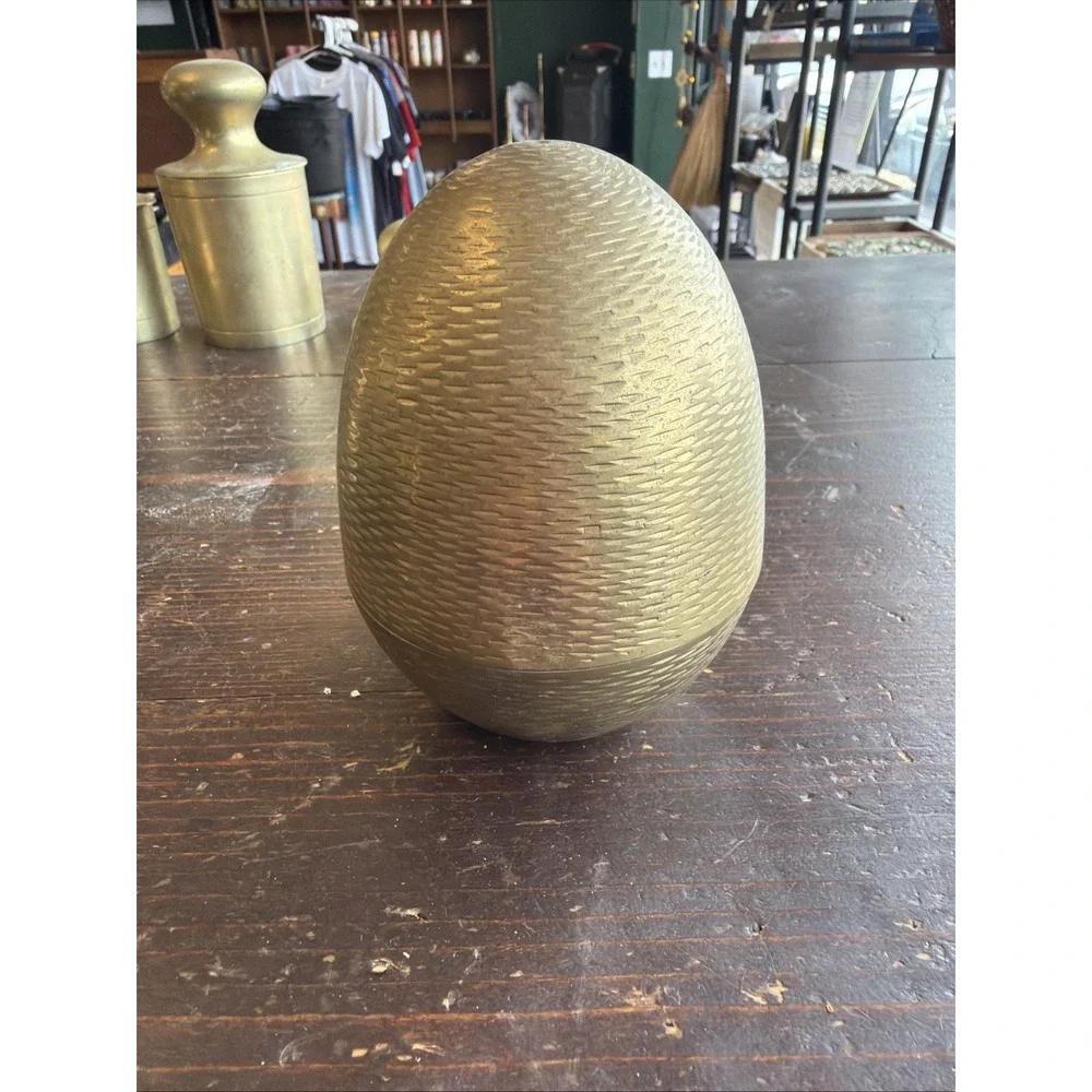Vintage Solid Brass Freestanding Etched Egg Trinket Box